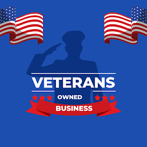 A blue background with the words veterans owned business and two american flags.